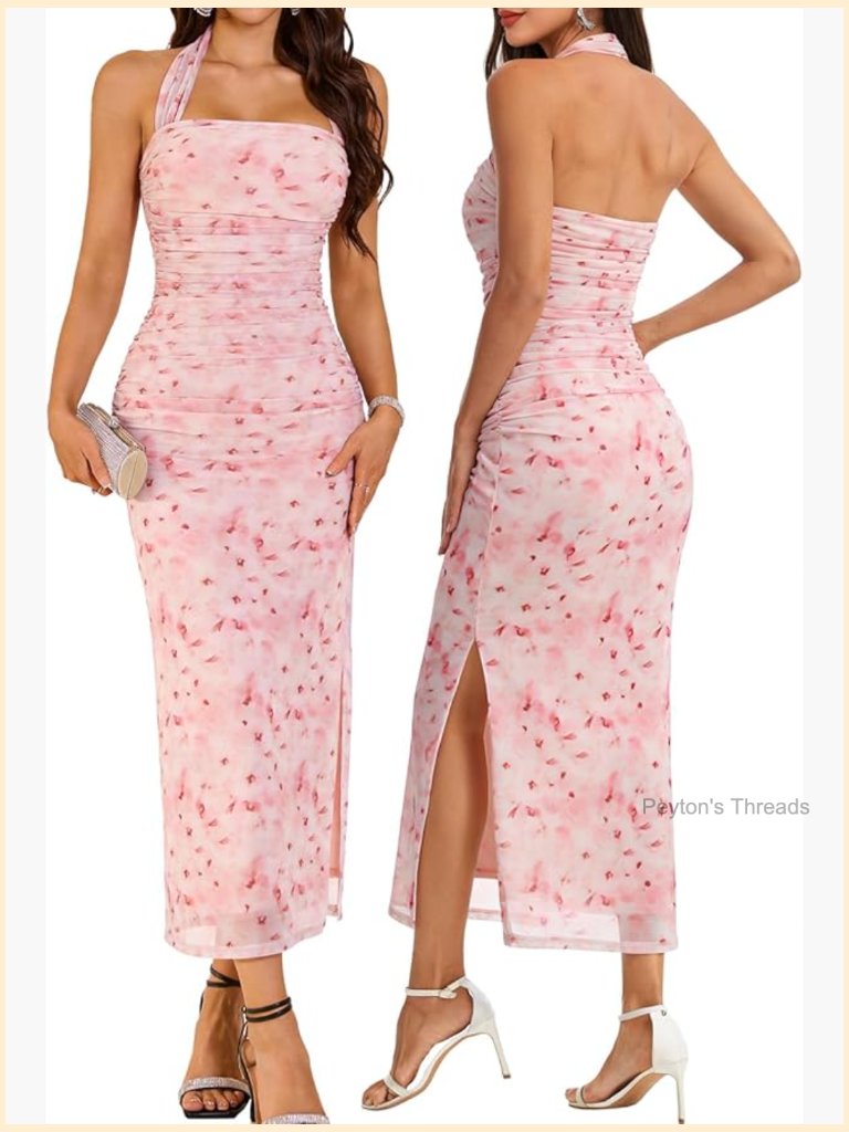 Women's Sparkly Formal Dress, Halter Ruched Sequin & Stretchy Mesh Bodycon Maxi